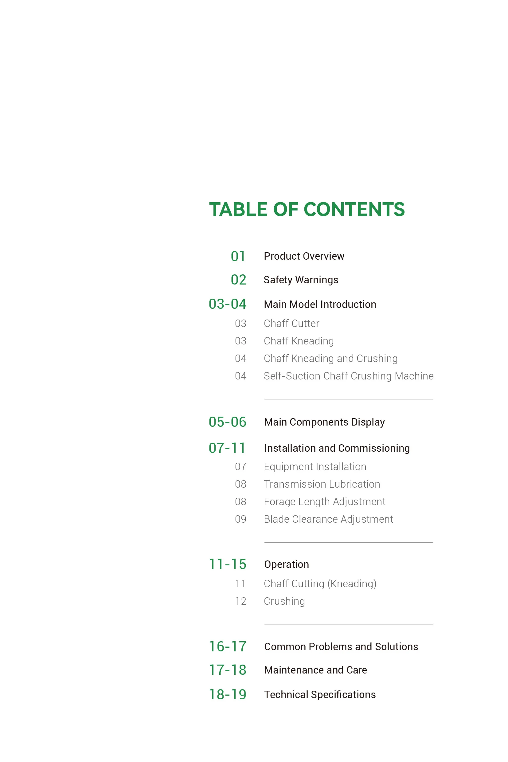 content of chaff cutter machine manual